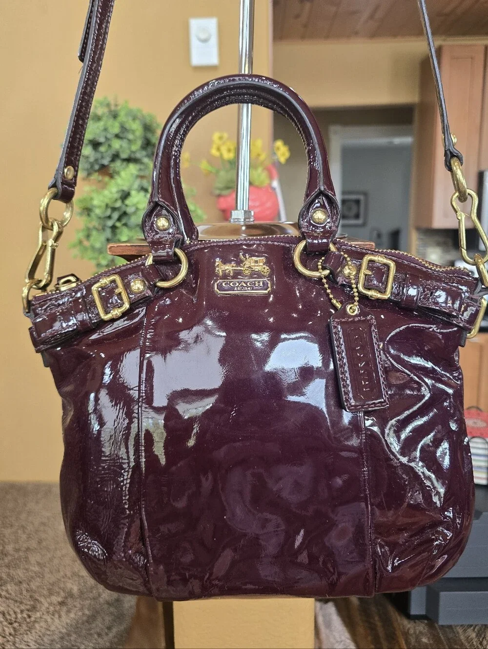 Coach Madison Shiny Patent Deep Burgundy Leather Lindsey Satchel Handbag